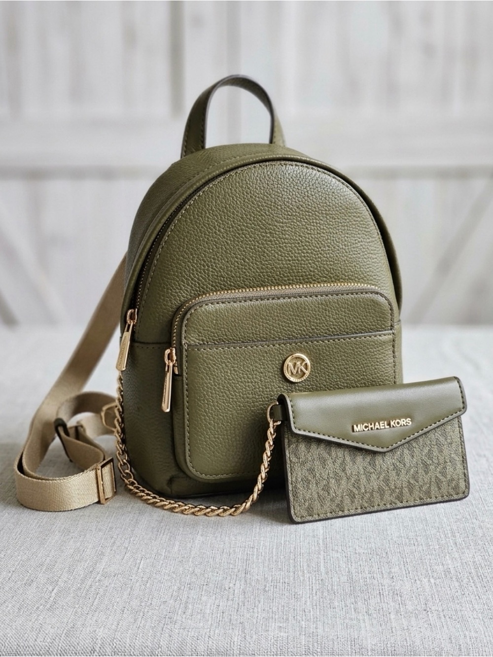 Michael Kors Olive Green Pebbled Leather Mini Backpack with Card Case